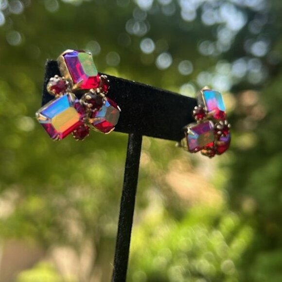 ALBERT WEISS Red AB Rhinestone Cluster EARRINGS - Picture 4 of 10